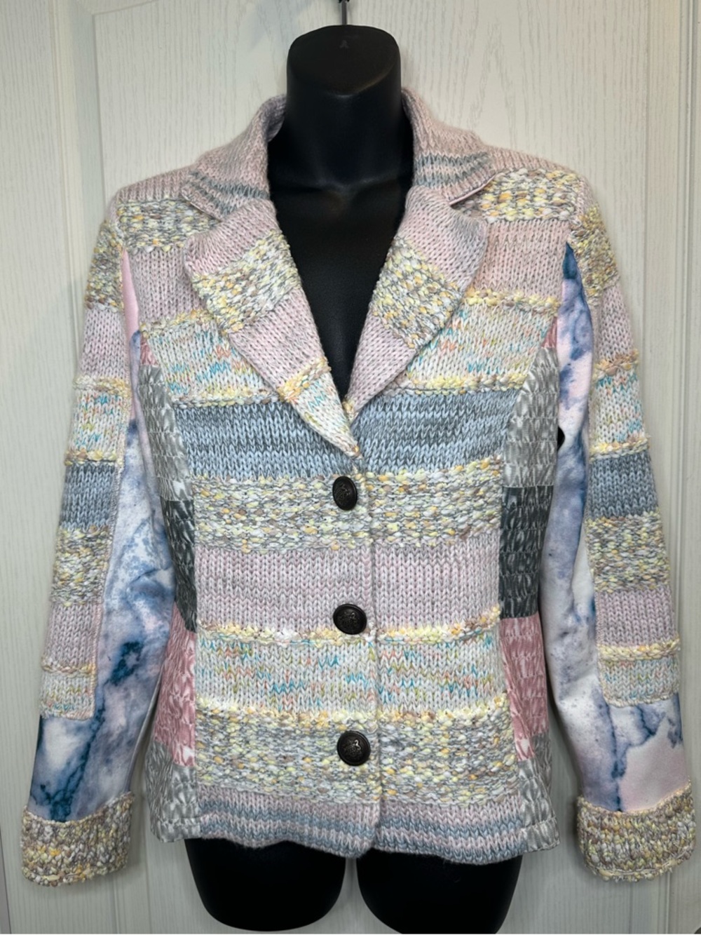 Mixed media blazer - knit patchwork style sz S | multicolour chunky knit cozy